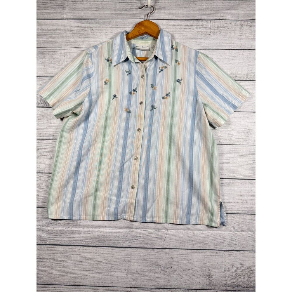 Alfred Dunner Womens 14P Pastel Stripe Embroidered Floral Button Shirt 4114